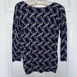 Ann Taylor Navy and Cream Patterned Top